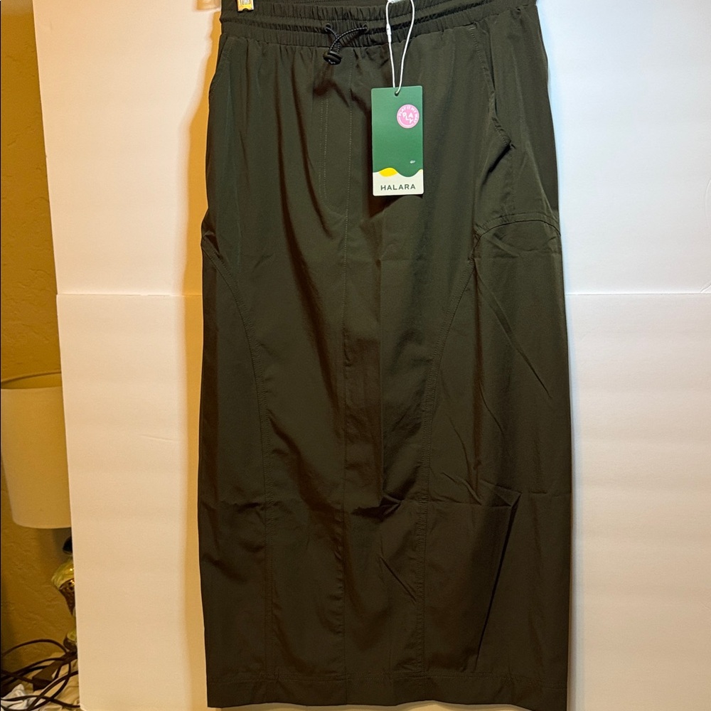 HALARA Olive Drawstring Midi Skirt XS Pockets! Side and Back Easy Care